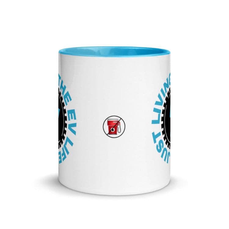 Just Living The EV Life Mug with Blue Color Inside And On Handle- Electric Vehicle Mug - Electric Car Mug - by https://ascensionemporium.net